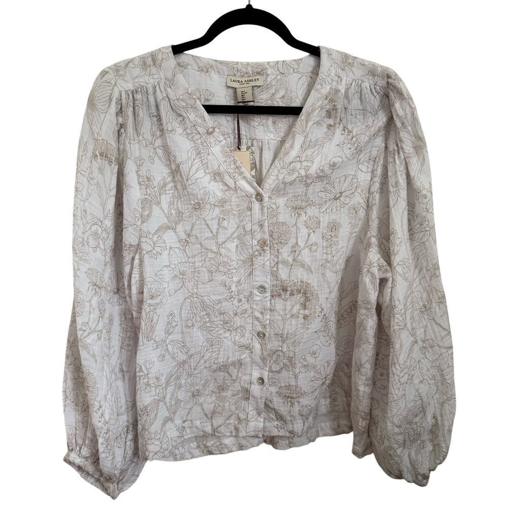 Laura Ashley Floral Cottagecore Cotton Gauze Long Sleeve Blouse Size L NWT